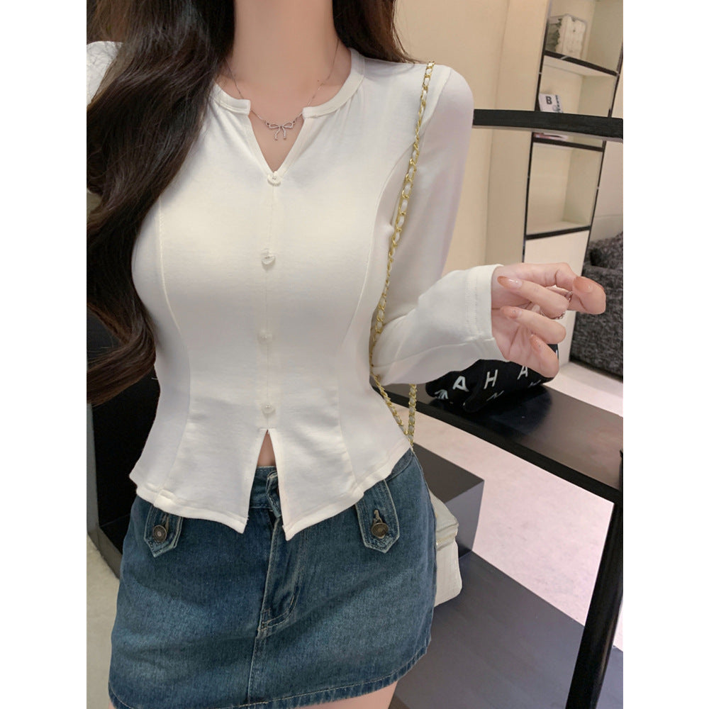 American Style Short Crop Open Front Long Sleeve T-Shirt for WomenStyle Slim Fit Base Layer Velvet V-Neck Top