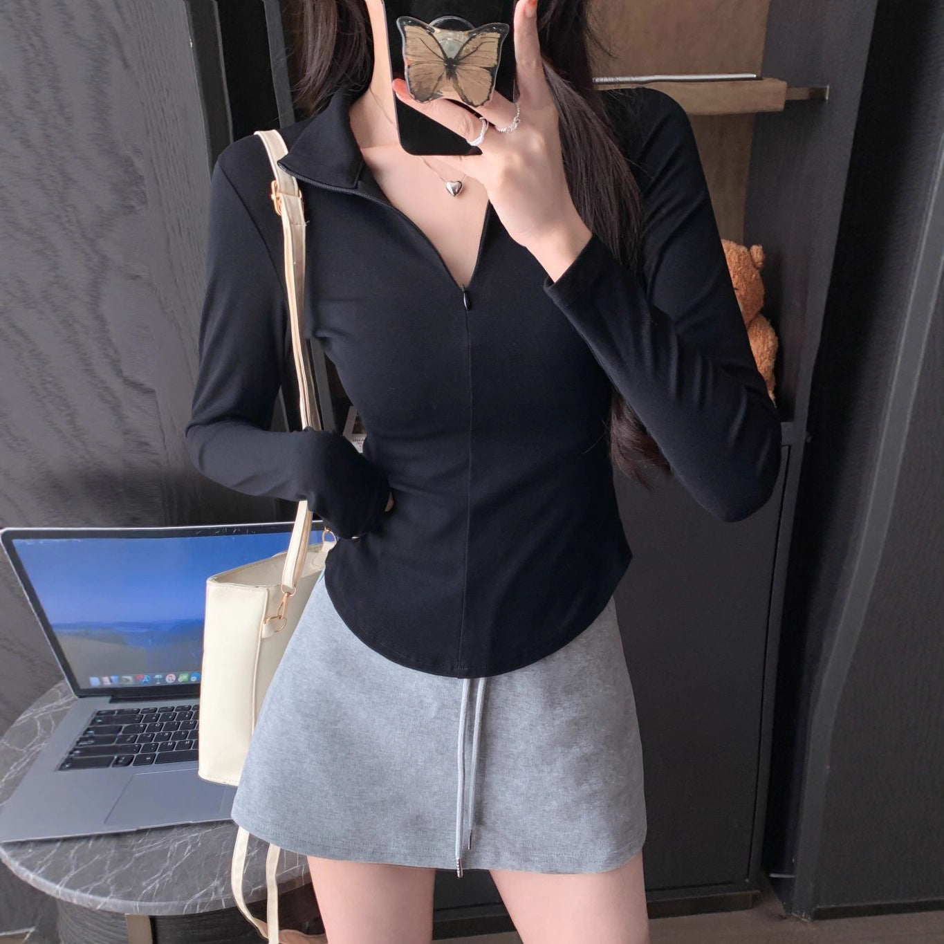 Solid Color High Neck Long Sleeve T-Shirt for Women Fleece-Lined Warm Inner Wear Slim Fit Crop Top