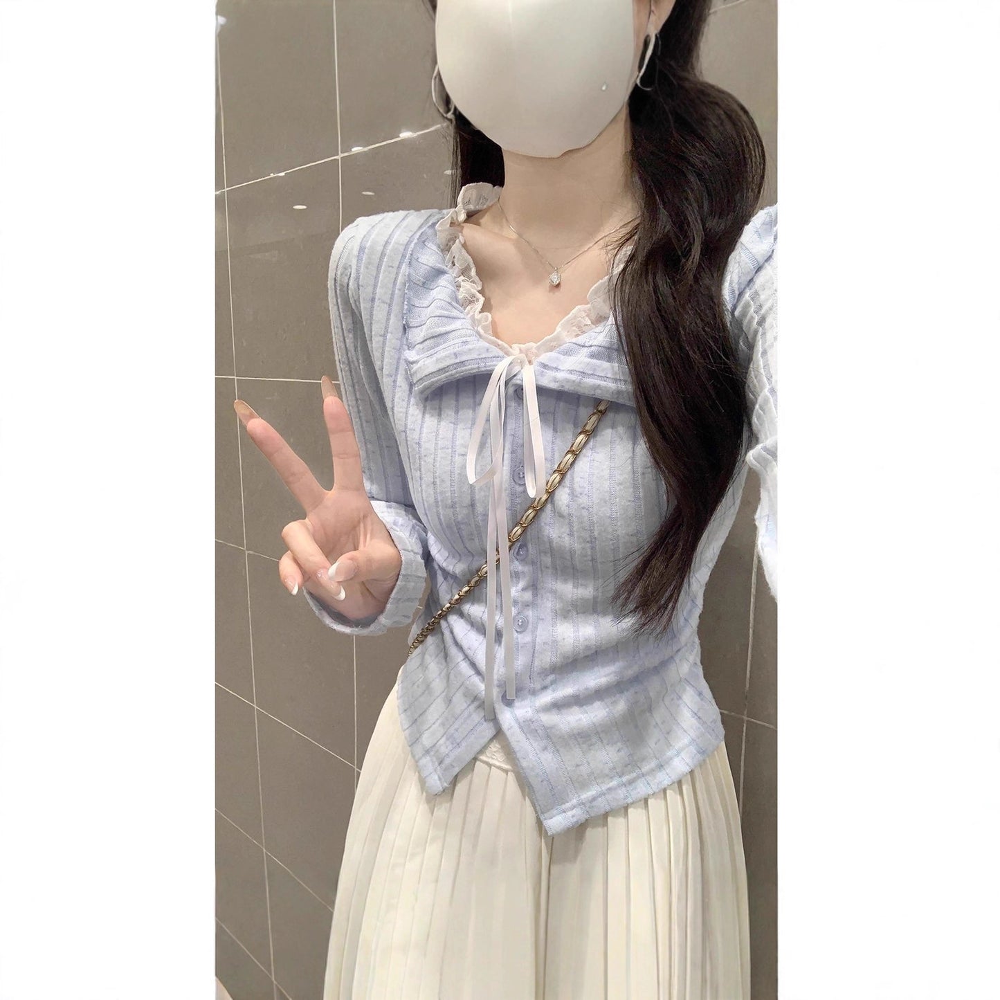 Sexy Blue Lace False Two-Piece Long Sleeve T-Shirt for Women, Basic Crop Top
