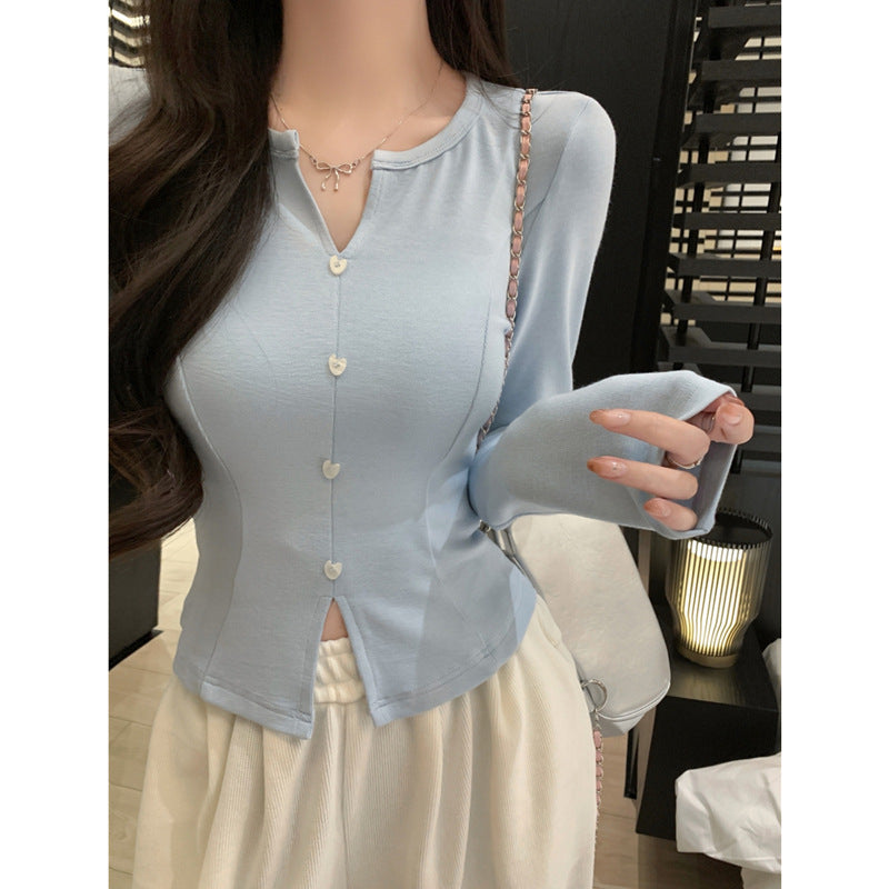 American Style Short Crop Open Front Long Sleeve T-Shirt for WomenStyle Slim Fit Base Layer Velvet V-Neck Top