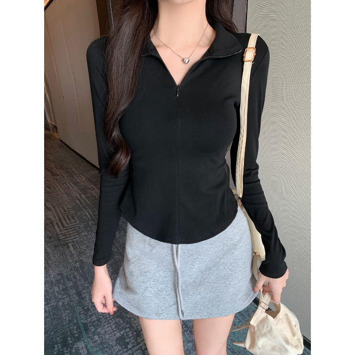 Solid Color High Neck Long Sleeve T-Shirt for Women Fleece-Lined Warm Inner Wear Slim Fit Crop Top