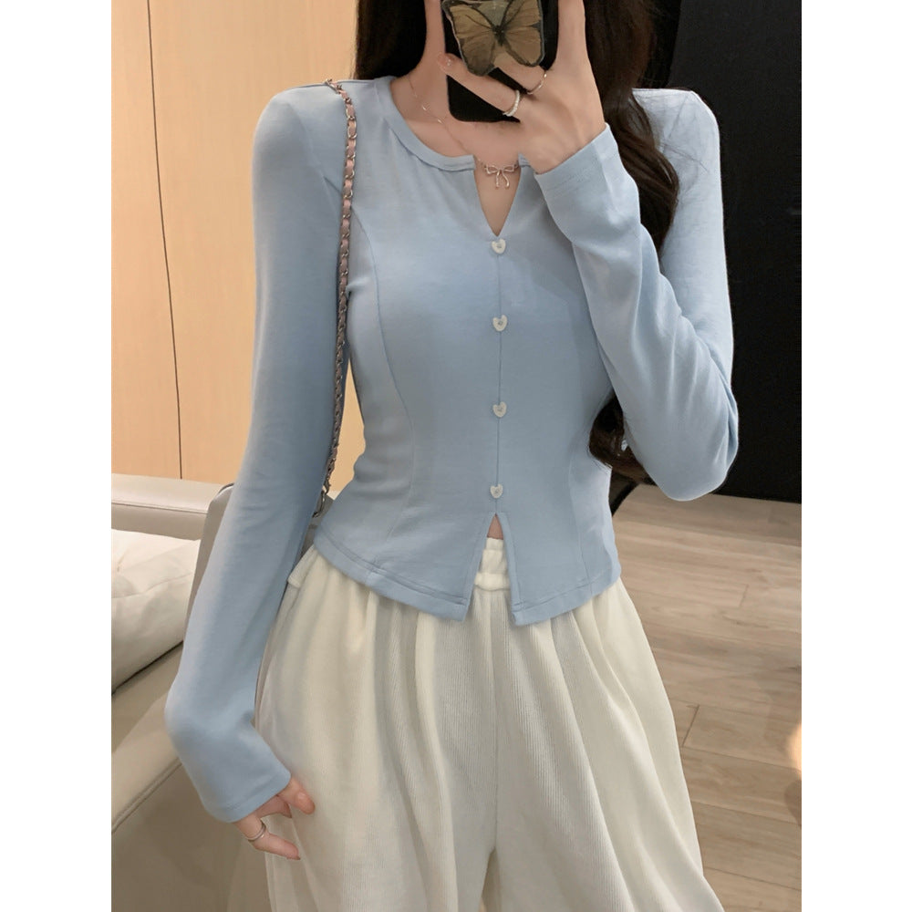 American Style Short Crop Open Front Long Sleeve T-Shirt for WomenStyle Slim Fit Base Layer Velvet V-Neck Top