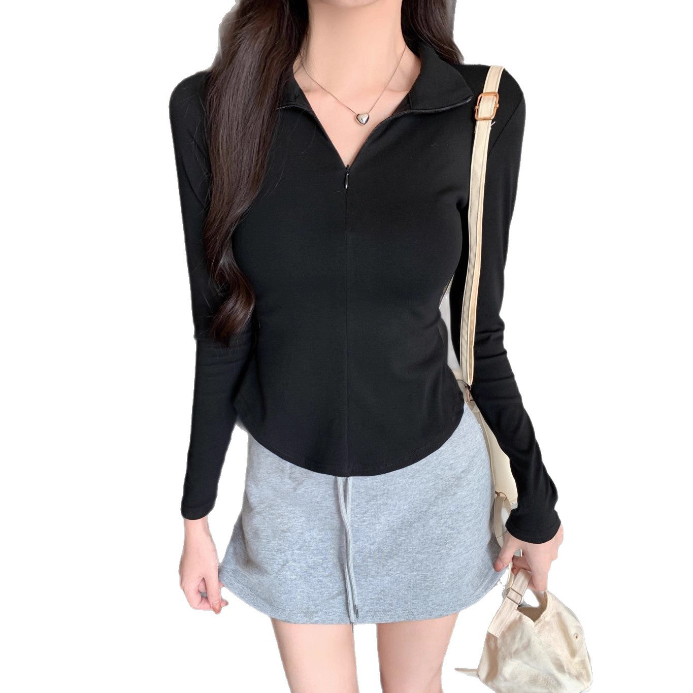 Solid Color High Neck Long Sleeve T-Shirt for Women Fleece-Lined Warm Inner Wear Slim Fit Crop Top