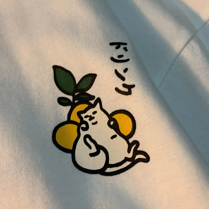 Cute Japanese Cat Print Oversized T-shirt Women Men Short Sleeve Loose Casual Tee Shirt Streetwear Tops Cotton Harajuku Clothing