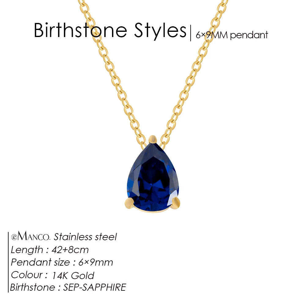 eManco Hot Sale Stainless Steel Teardrop Zirconia Pendant Shiny Crystal Necklace Women's Birthstone Collarbone Chain Wholesale