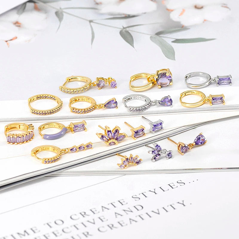 925 Sterling Silver Needle Premium Amethyst Pendant Hoop Earrings for Women Fashion Heart Earrings Wedding Luxury Jewelry Gifts