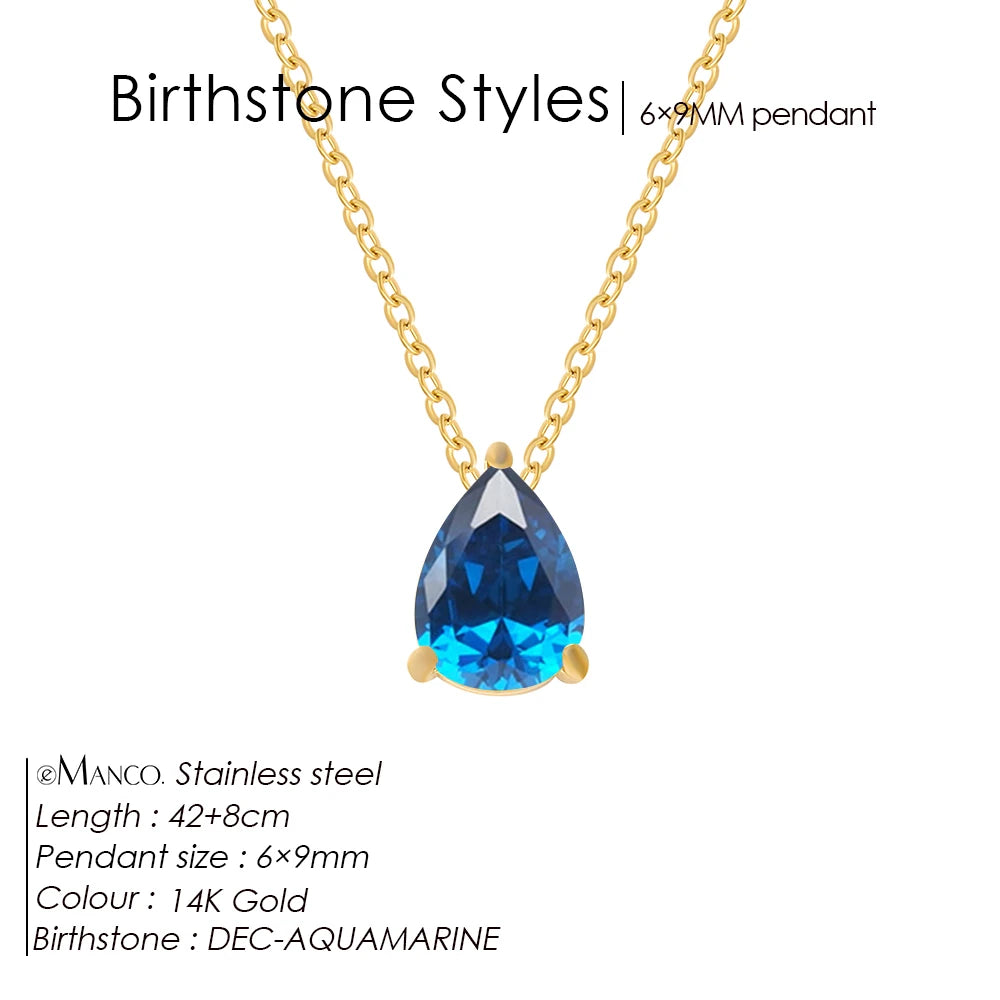 eManco Hot Sale Stainless Steel Teardrop Zirconia Pendant Shiny Crystal Necklace Women's Birthstone Collarbone Chain Wholesale