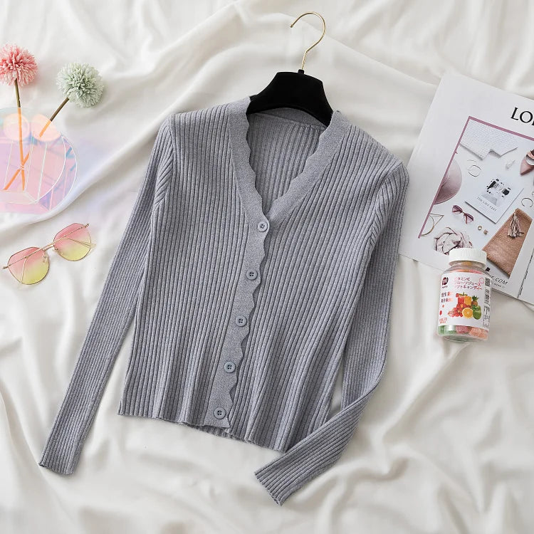 Sweater Knitted Cardigan Button Jacket 2023 Autumn Winter V-neck Long Sleeve Casual Tops For Women Sweater Green