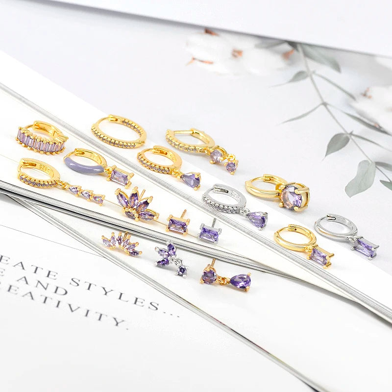925 Sterling Silver Needle Premium Amethyst Pendant Hoop Earrings for Women Fashion Heart Earrings Wedding Luxury Jewelry Gifts