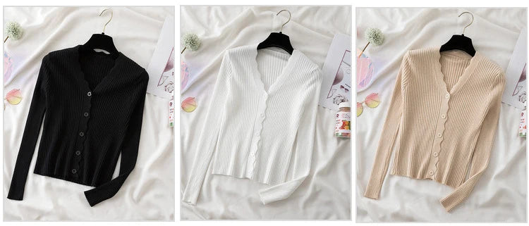 Sweater Knitted Cardigan Button Jacket 2023 Autumn Winter V-neck Long Sleeve Casual Tops For Women Sweater Green