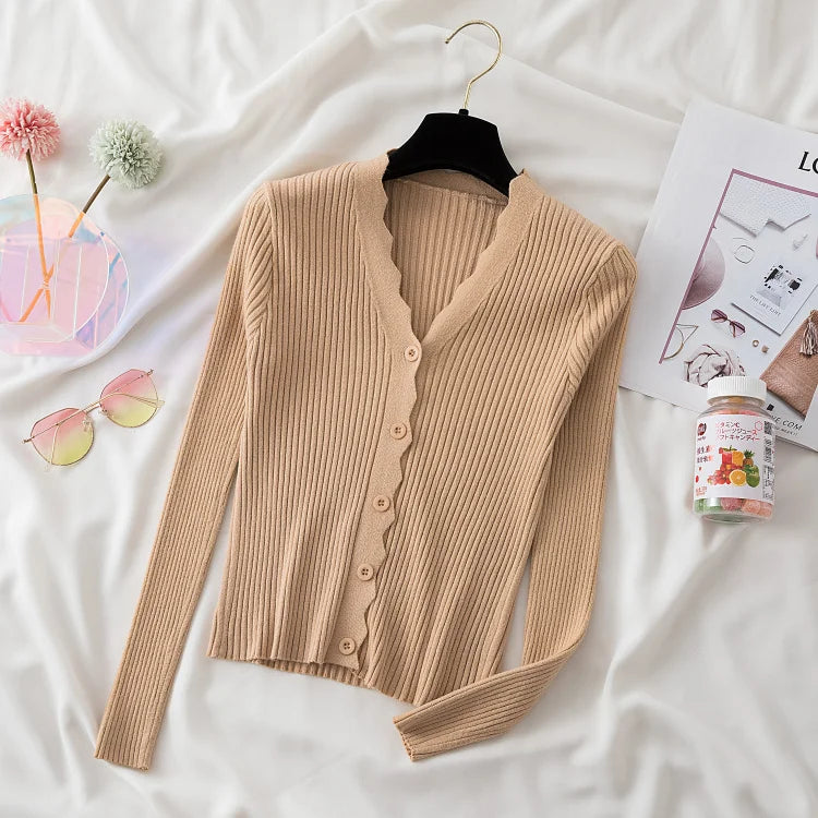 Sweater Knitted Cardigan Button Jacket 2023 Autumn Winter V-neck Long Sleeve Casual Tops For Women Sweater Green