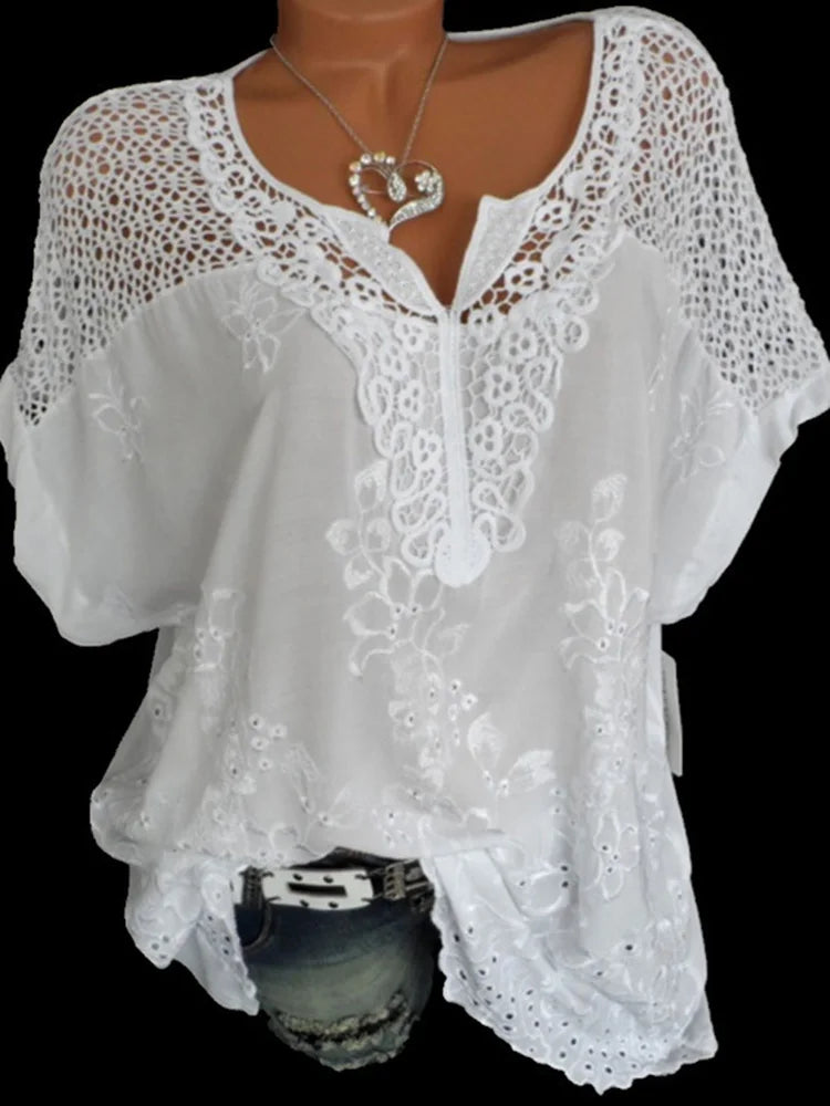 Women’s Relaxed-Fit Lace V-Neck Cotton Blouse