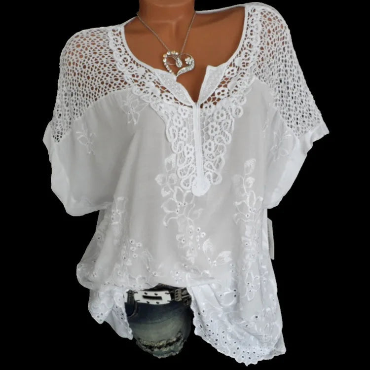Women’s Relaxed-Fit Lace V-Neck Cotton Blouse