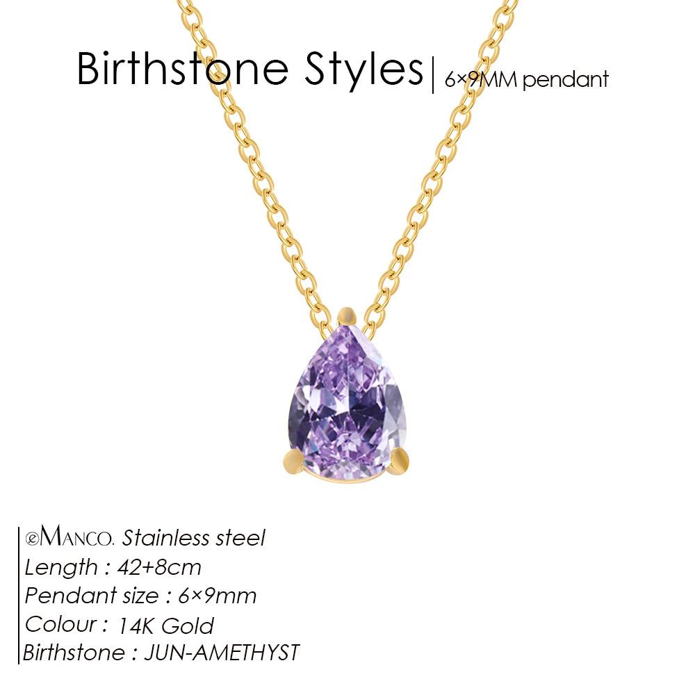 eManco Hot Sale Stainless Steel Teardrop Zirconia Pendant Shiny Crystal Necklace Women's Birthstone Collarbone Chain Wholesale