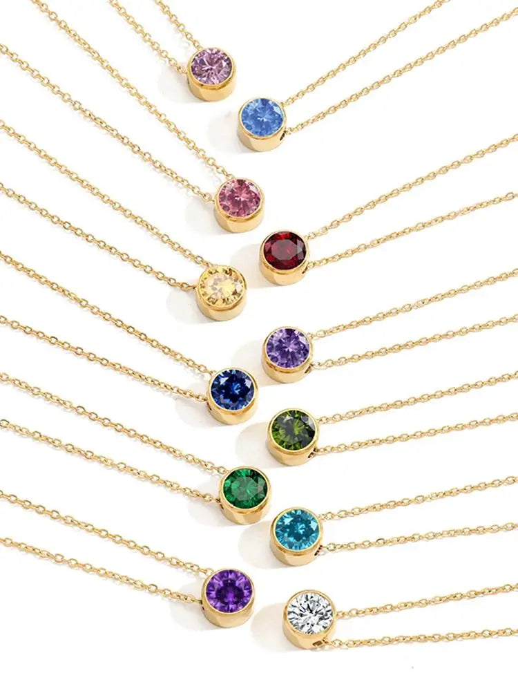 CARLIDANA Best Sell Round Zirconia Stainless Steel 12 Month Crystal Birthstone Pendant Gold Color Necklace For Women Jewelry