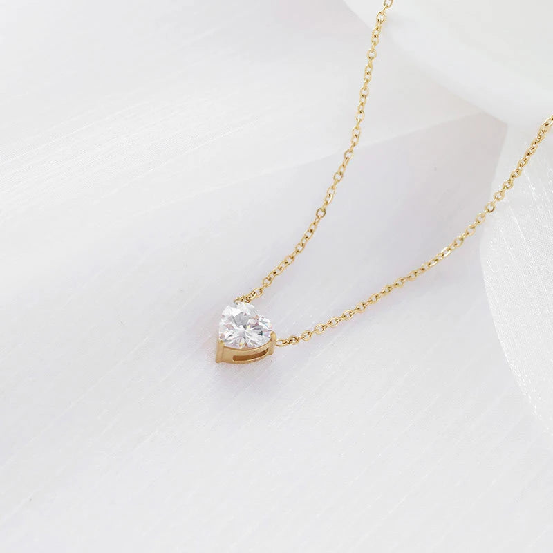 Dainty 14K Gold Plated Stainless Steel Colorful Cubic Zirconia Peach Heart Necklace for Women Choker Collar Jewelry Party Gift