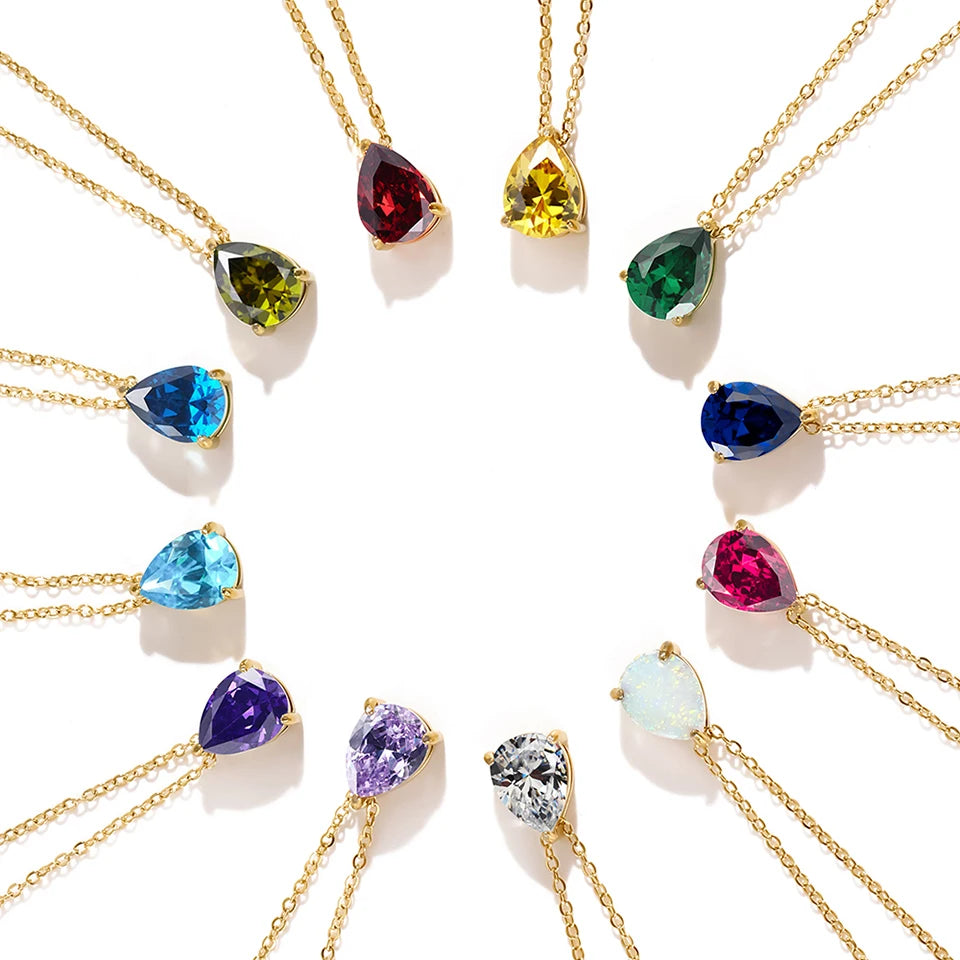 eManco Hot Sale Stainless Steel Teardrop Zirconia Pendant Shiny Crystal Necklace Women's Birthstone Collarbone Chain Wholesale