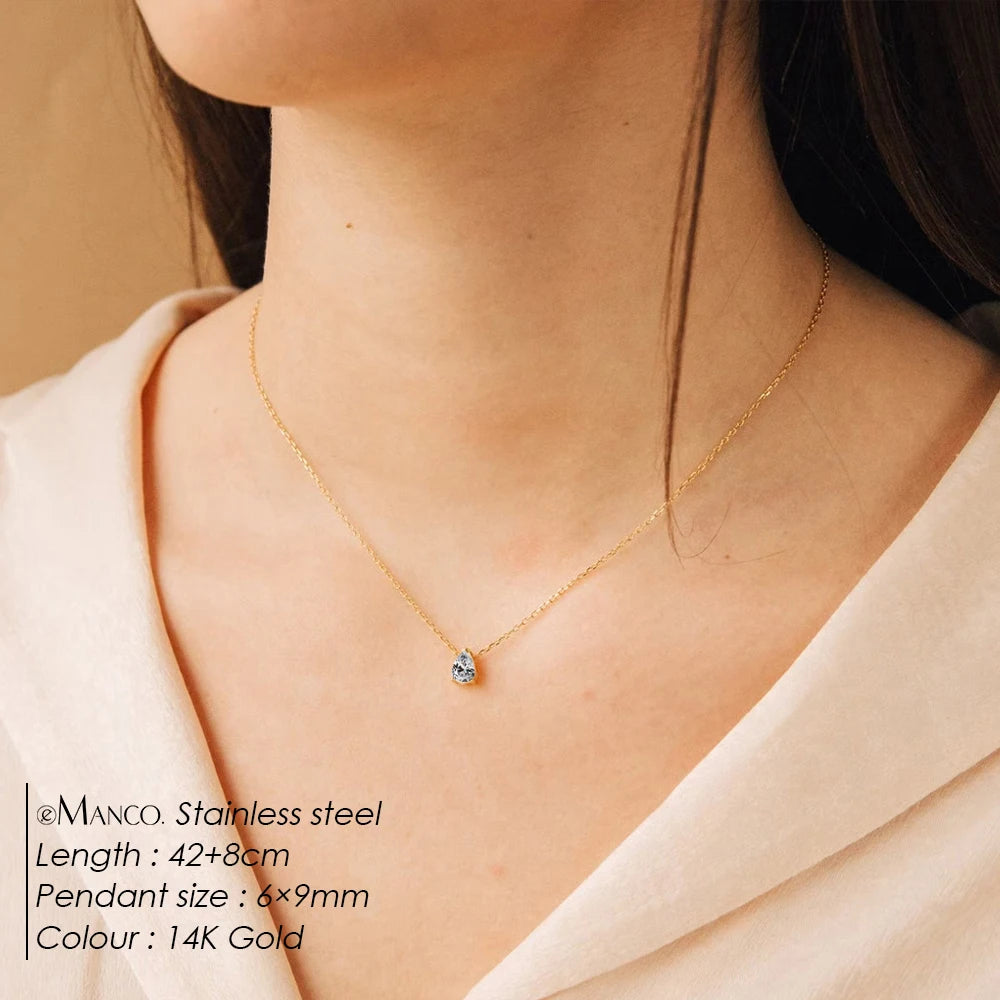 eManco Hot Sale Stainless Steel Teardrop Zirconia Pendant Shiny Crystal Necklace Women's Birthstone Collarbone Chain Wholesale