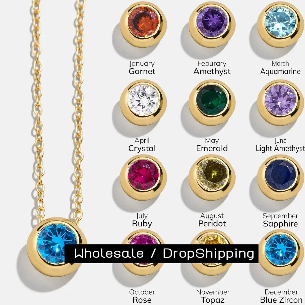 CARLIDANA Best Sell Round Zirconia Stainless Steel 12 Month Crystal Birthstone Pendant Gold Color Necklace For Women Jewelry