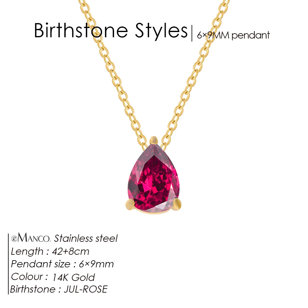 eManco Hot Sale Stainless Steel Teardrop Zirconia Pendant Shiny Crystal Necklace Women's Birthstone Collarbone Chain Wholesale
