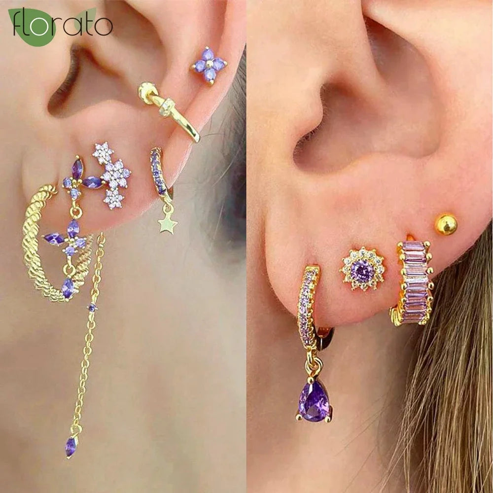 925 Sterling Silver Needle Premium Amethyst Pendant Hoop Earrings for Women Fashion Heart Earrings Wedding Luxury Jewelry Gifts