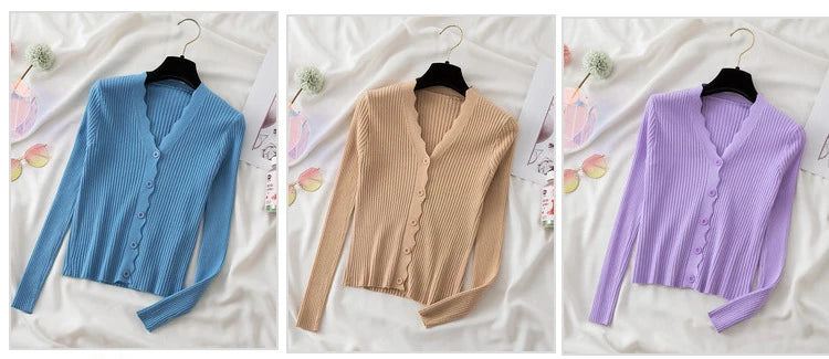Sweater Knitted Cardigan Button Jacket 2023 Autumn Winter V-neck Long Sleeve Casual Tops For Women Sweater Green