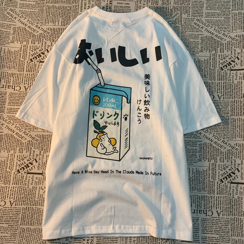 Cute Japanese Cat Print Oversized T-shirt Women Men Short Sleeve Loose Casual Tee Shirt Streetwear Tops Cotton Harajuku Clothing