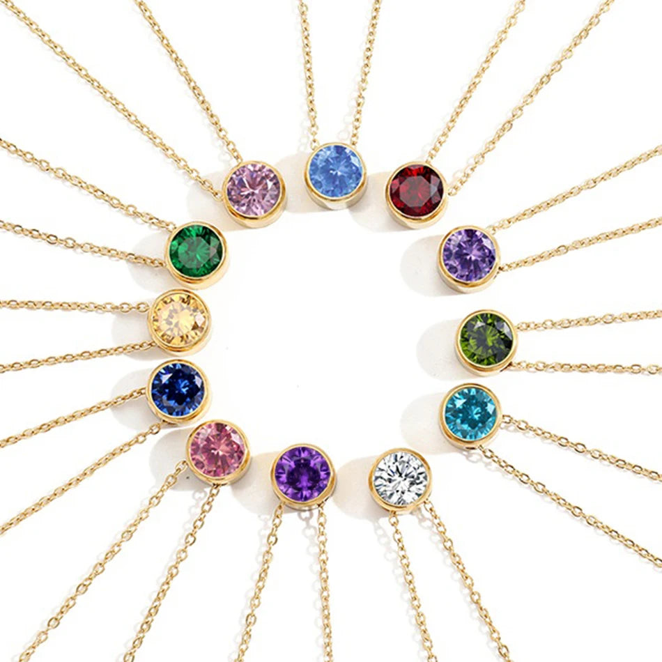 CARLIDANA Best Sell Round Zirconia Stainless Steel 12 Month Crystal Birthstone Pendant Gold Color Necklace For Women Jewelry