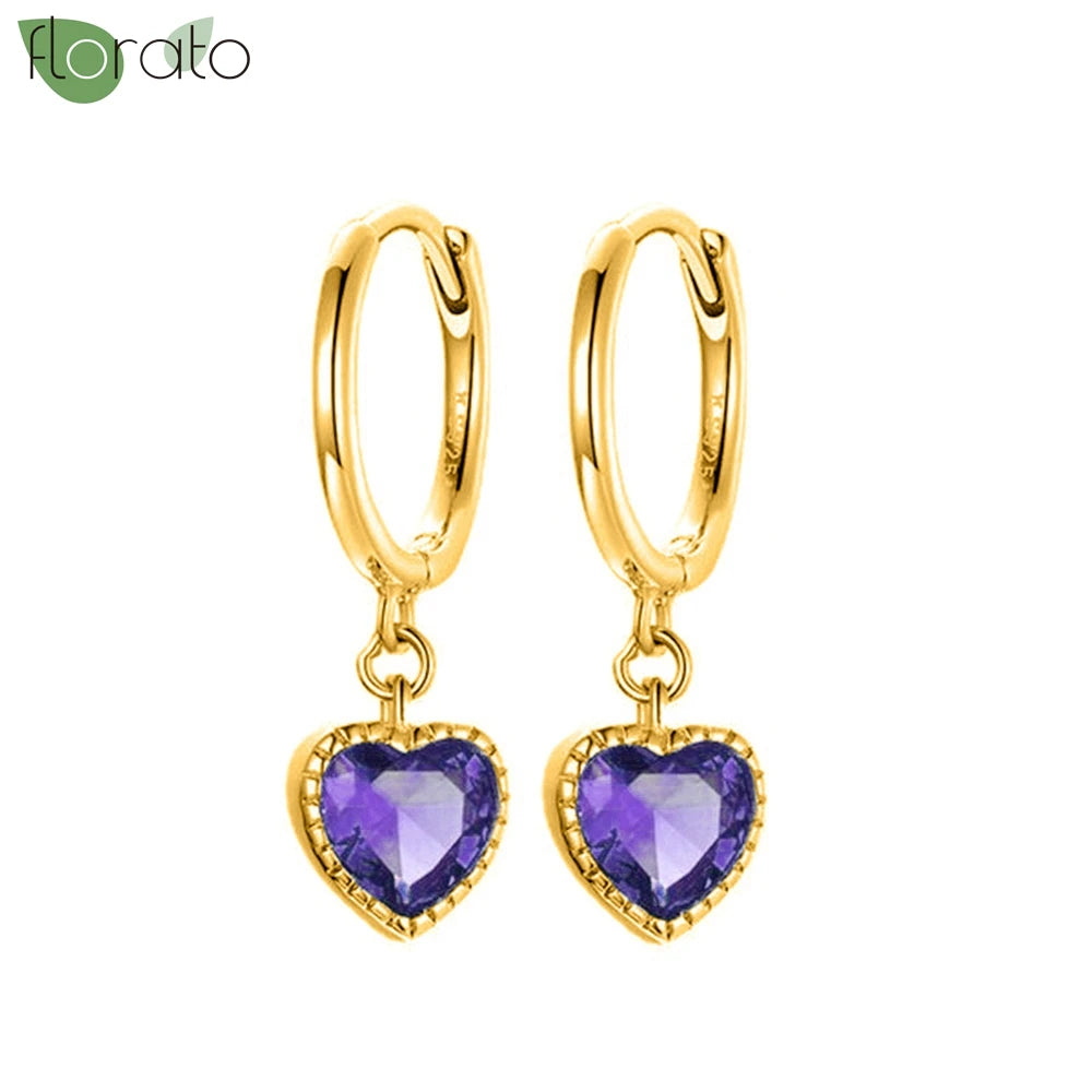 925 Sterling Silver Needle Premium Amethyst Pendant Hoop Earrings for Women Fashion Heart Earrings Wedding Luxury Jewelry Gifts