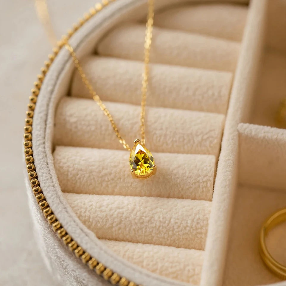 eManco Hot Sale Stainless Steel Teardrop Zirconia Pendant Shiny Crystal Necklace Women's Birthstone Collarbone Chain Wholesale