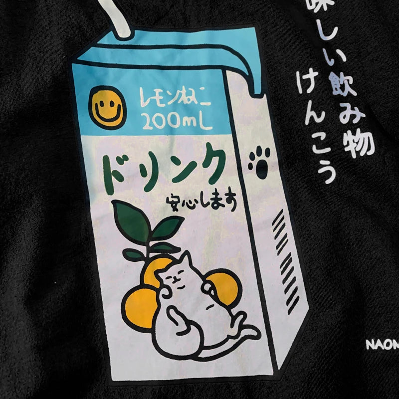 Cute Japanese Cat Print Oversized T-shirt Women Men Short Sleeve Loose Casual Tee Shirt Streetwear Tops Cotton Harajuku Clothing