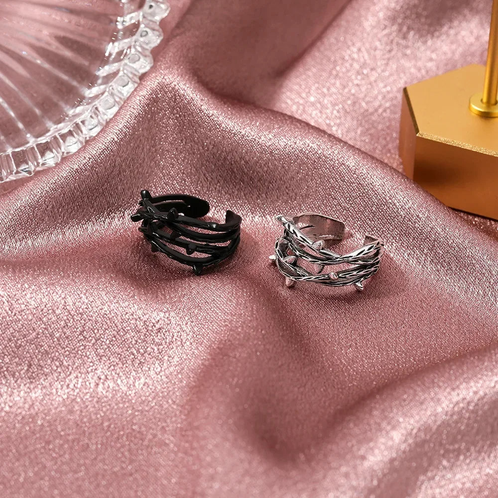 Trend Multi Layer Branch Cross Leaf Ring Women Simple Retro Black Open Resizable Finger Ring Anillo Acero Inoxidable Mujer Bague