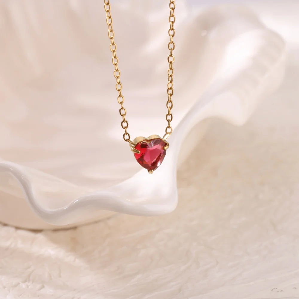 Stainless Steel Birthstone Pendant Necklace for Women Fashion Heart Crystal Zircon Charm Clavicle Chain Birthday Party Jewelry