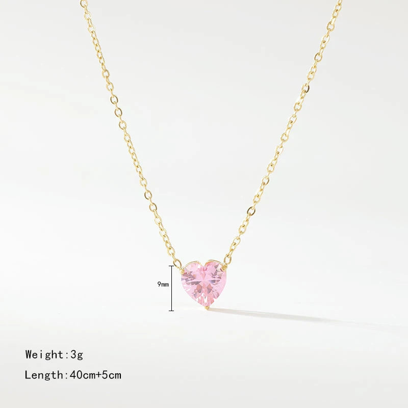 Dainty 14K Gold Plated Stainless Steel Colorful Cubic Zirconia Peach Heart Necklace for Women Choker Collar Jewelry Party Gift