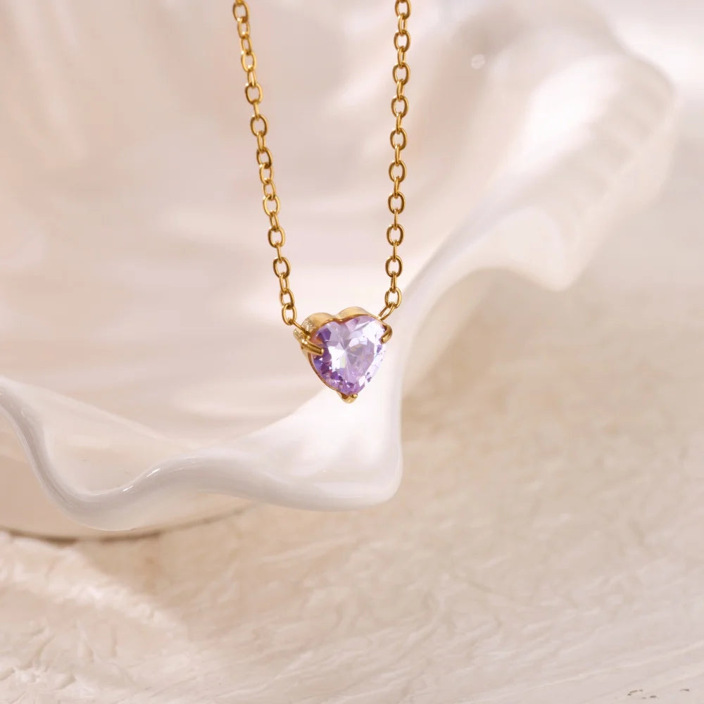 Stainless Steel Birthstone Pendant Necklace for Women Fashion Heart Crystal Zircon Charm Clavicle Chain Birthday Party Jewelry