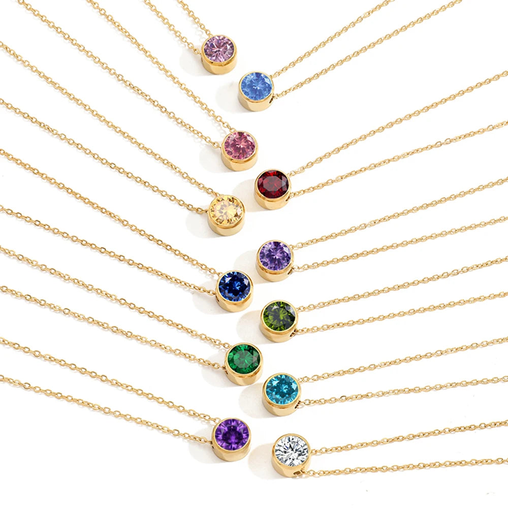 CARLIDANA Best Sell Round Zirconia Stainless Steel 12 Month Crystal Birthstone Pendant Gold Color Necklace For Women Jewelry