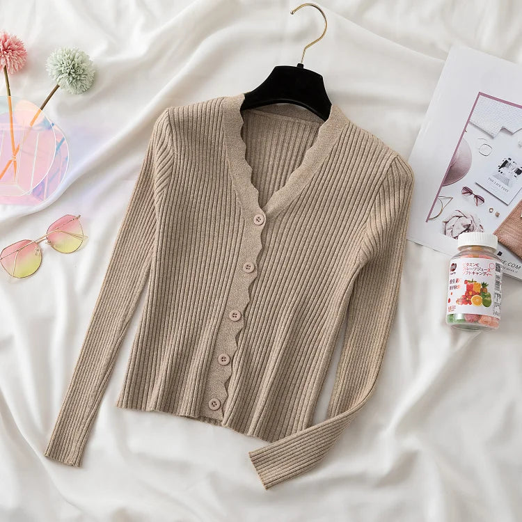 Sweater Knitted Cardigan Button Jacket 2023 Autumn Winter V-neck Long Sleeve Casual Tops For Women Sweater Green