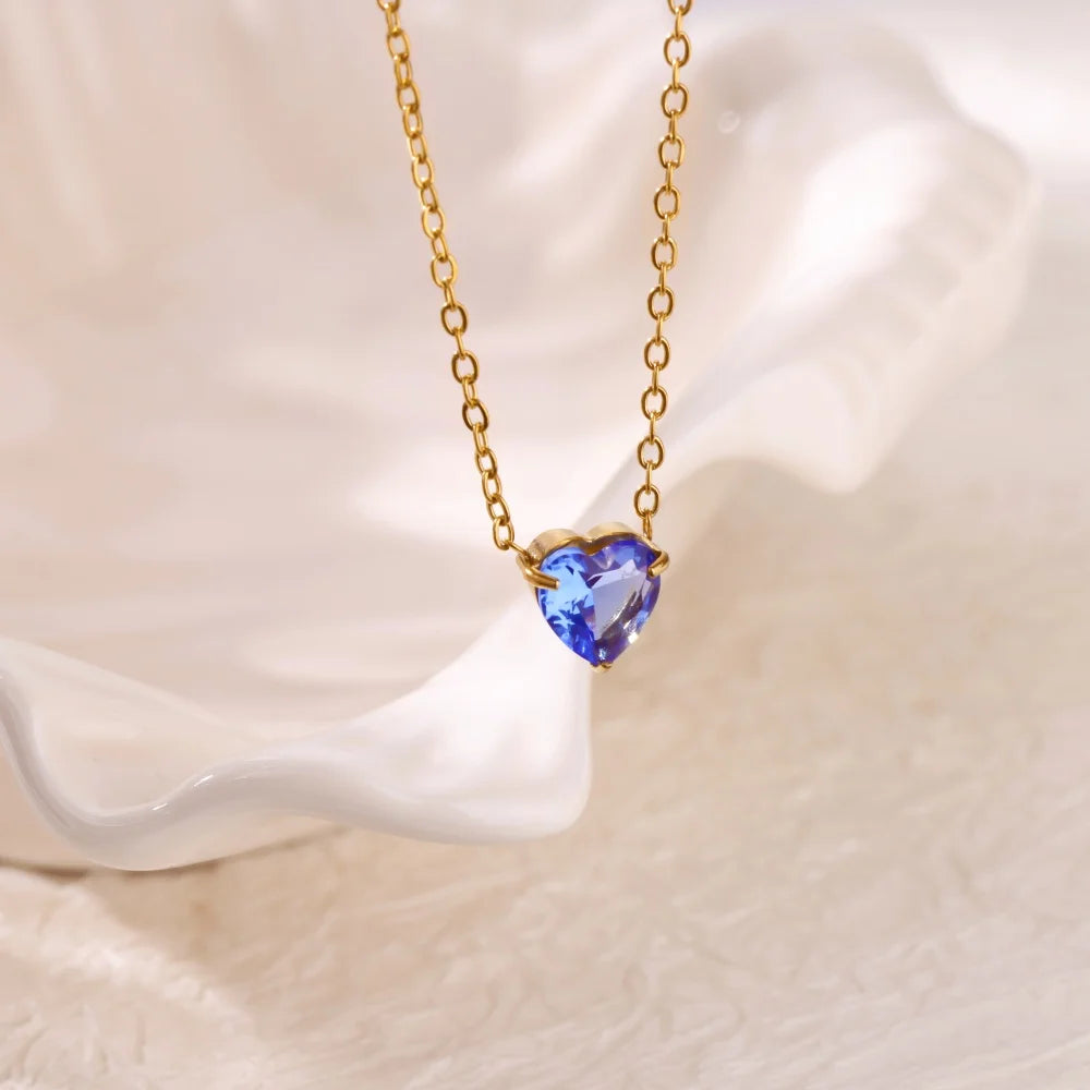 Stainless Steel Birthstone Pendant Necklace for Women Fashion Heart Crystal Zircon Charm Clavicle Chain Birthday Party Jewelry