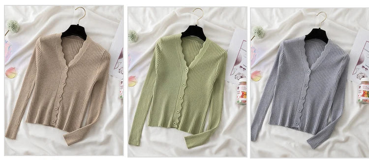 Sweater Knitted Cardigan Button Jacket 2023 Autumn Winter V-neck Long Sleeve Casual Tops For Women Sweater Green