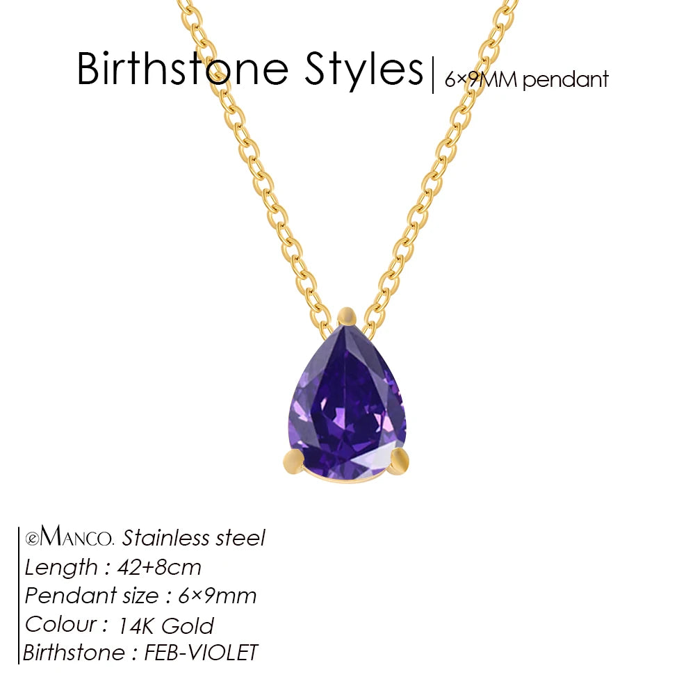 eManco Hot Sale Stainless Steel Teardrop Zirconia Pendant Shiny Crystal Necklace Women's Birthstone Collarbone Chain Wholesale