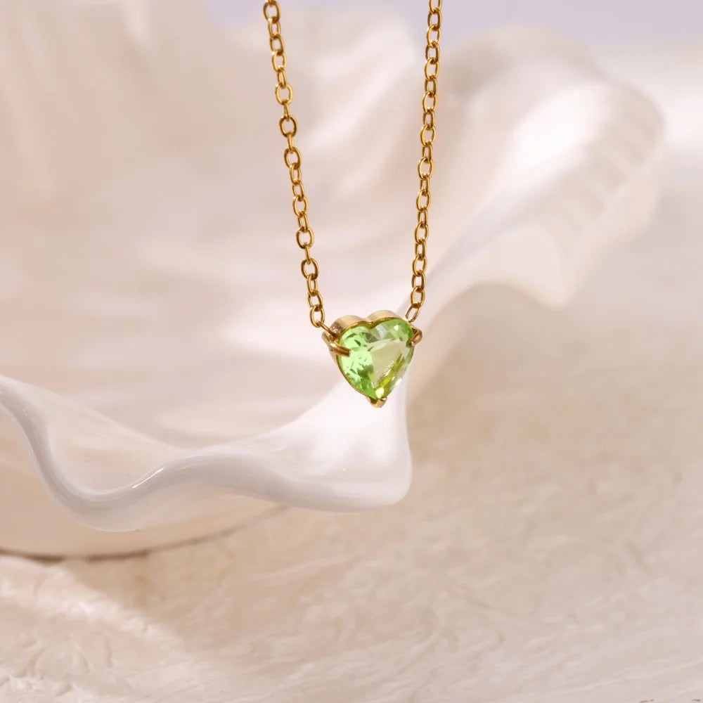 Stainless Steel Birthstone Pendant Necklace for Women Fashion Heart Crystal Zircon Charm Clavicle Chain Birthday Party Jewelry