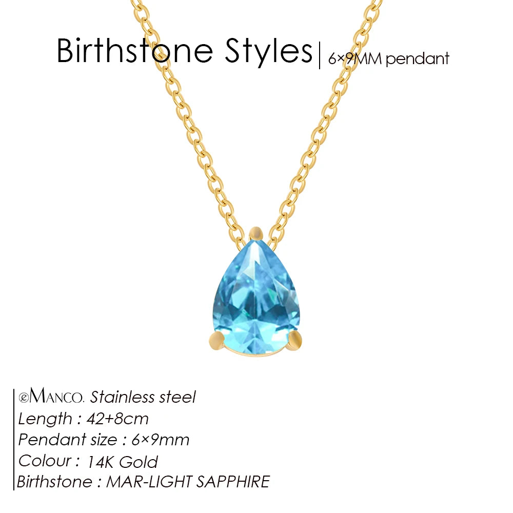 eManco Hot Sale Stainless Steel Teardrop Zirconia Pendant Shiny Crystal Necklace Women's Birthstone Collarbone Chain Wholesale