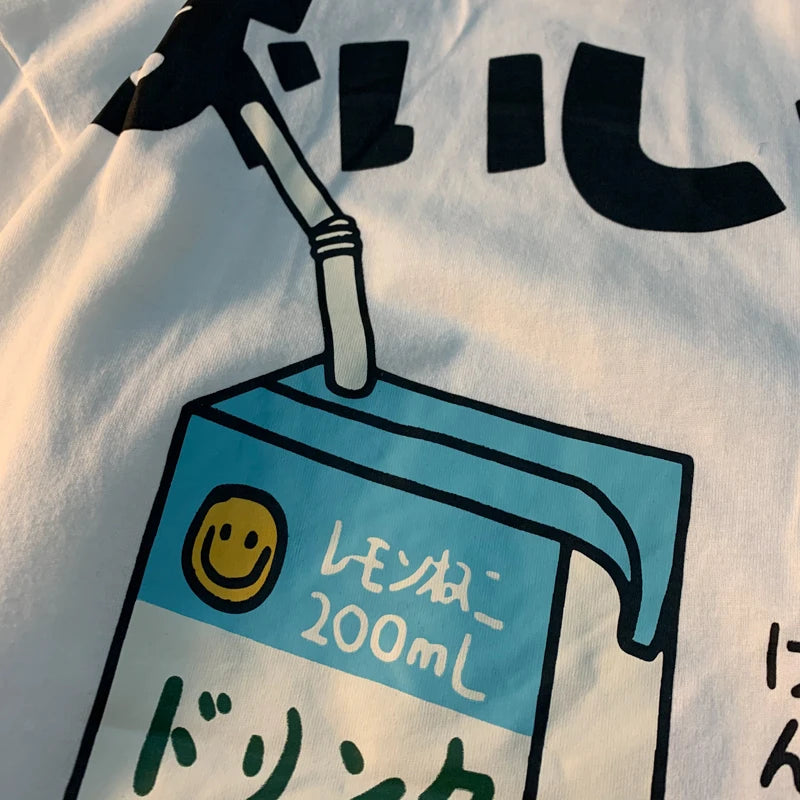 Cute Japanese Cat Print Oversized T-shirt Women Men Short Sleeve Loose Casual Tee Shirt Streetwear Tops Cotton Harajuku Clothing