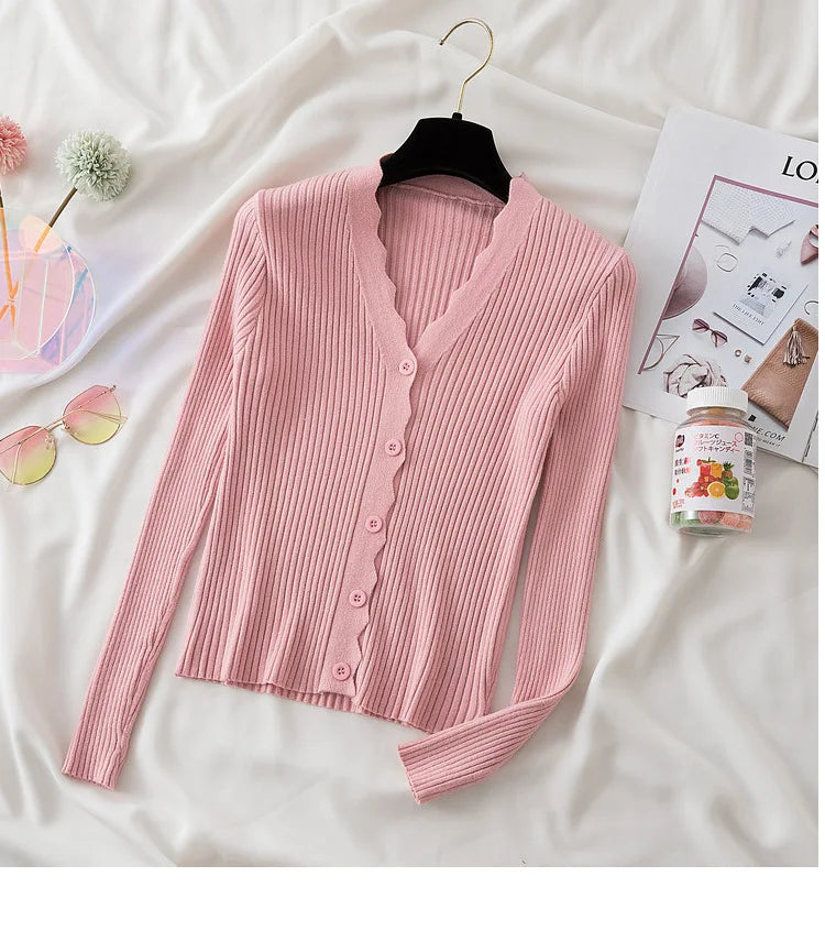 Sweater Knitted Cardigan Button Jacket 2023 Autumn Winter V-neck Long Sleeve Casual Tops For Women Sweater Green