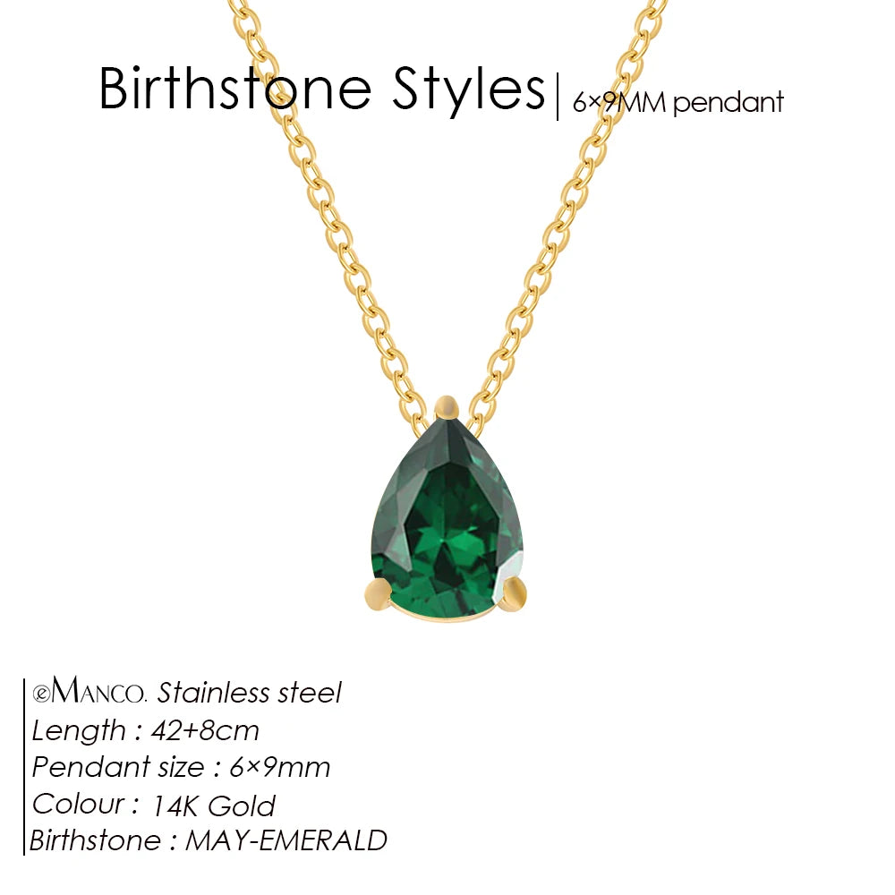 eManco Hot Sale Stainless Steel Teardrop Zirconia Pendant Shiny Crystal Necklace Women's Birthstone Collarbone Chain Wholesale
