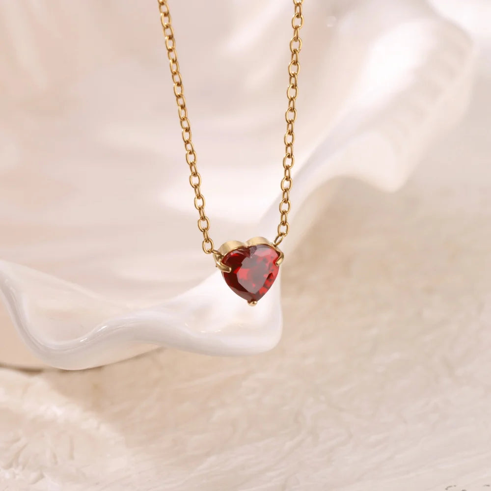 Stainless Steel Birthstone Pendant Necklace for Women Fashion Heart Crystal Zircon Charm Clavicle Chain Birthday Party Jewelry