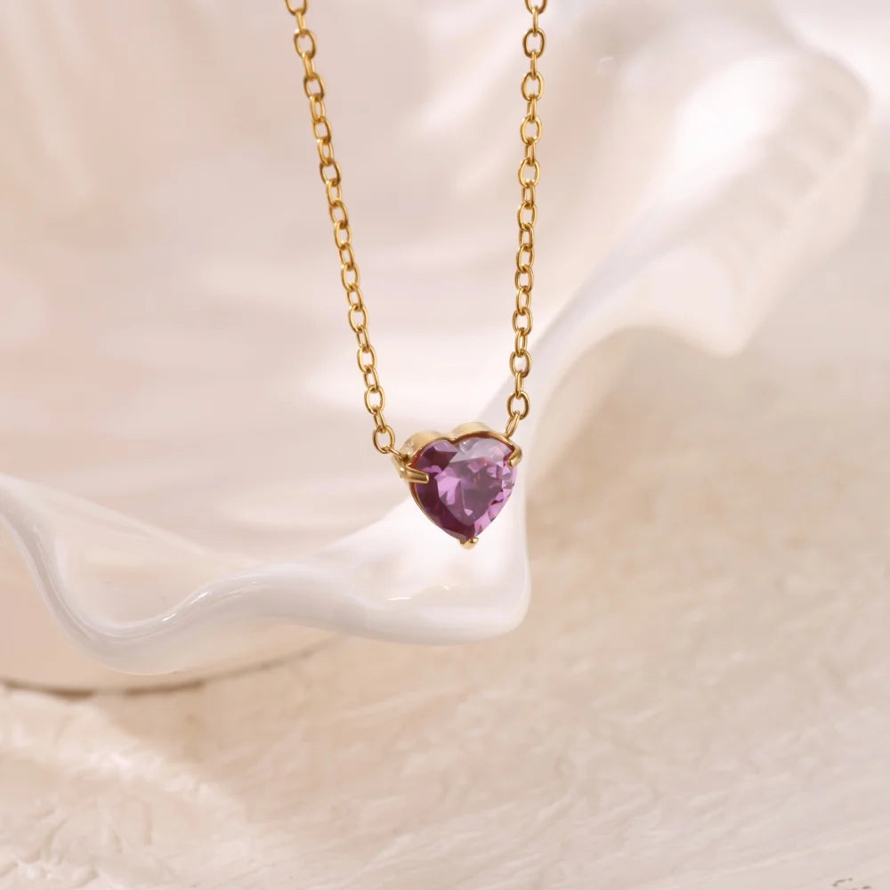 Stainless Steel Birthstone Pendant Necklace for Women Fashion Heart Crystal Zircon Charm Clavicle Chain Birthday Party Jewelry
