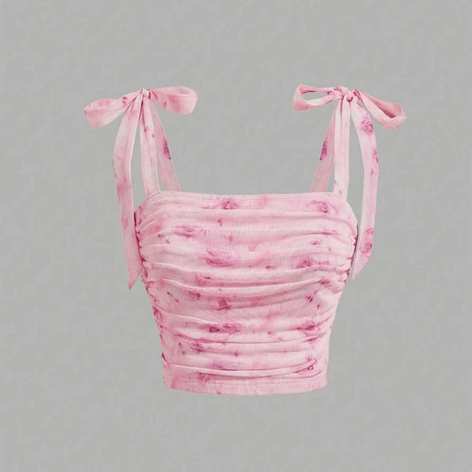 Solid Tie Shoulder Ruched Wide Strap Slim Fit Crop Top for Women Summer 2025 Y2K Clothes Pink Backless Cami Top Streetwear