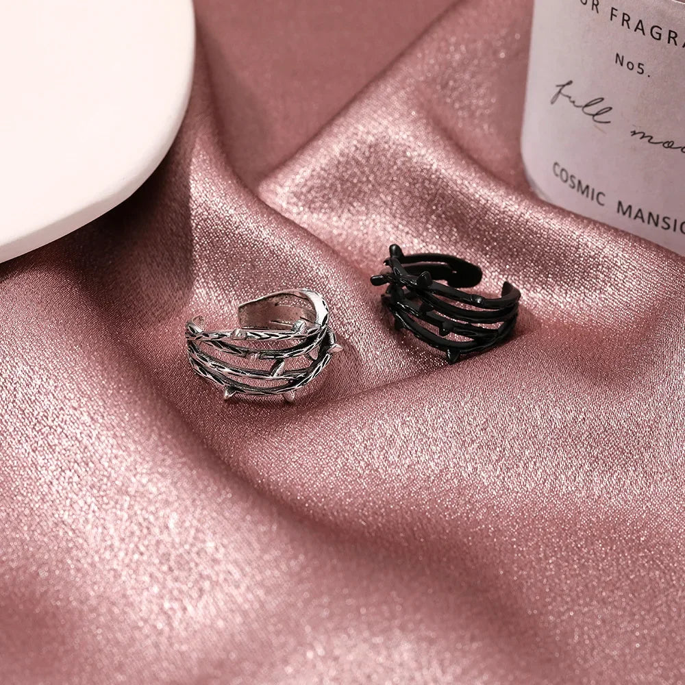 Trend Multi Layer Branch Cross Leaf Ring Women Simple Retro Black Open Resizable Finger Ring Anillo Acero Inoxidable Mujer Bague