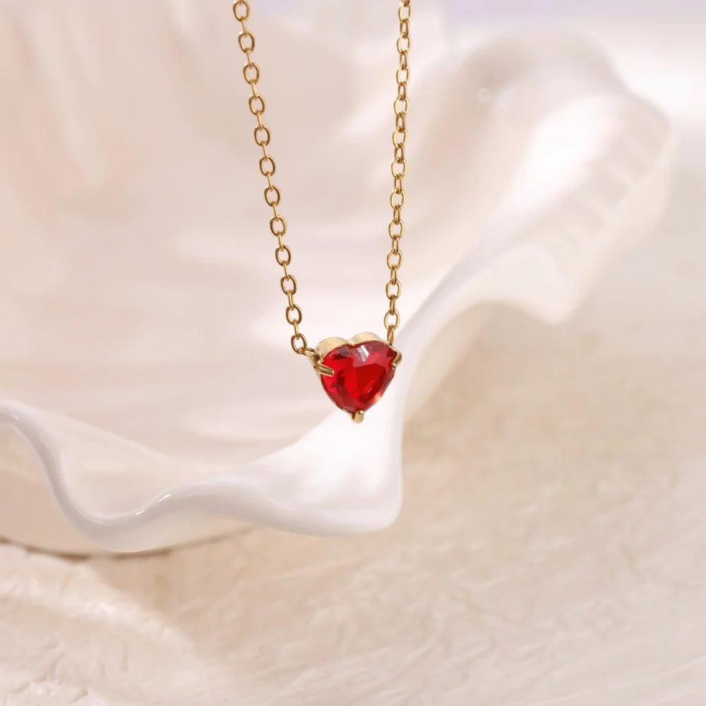 Stainless Steel Birthstone Pendant Necklace for Women Fashion Heart Crystal Zircon Charm Clavicle Chain Birthday Party Jewelry